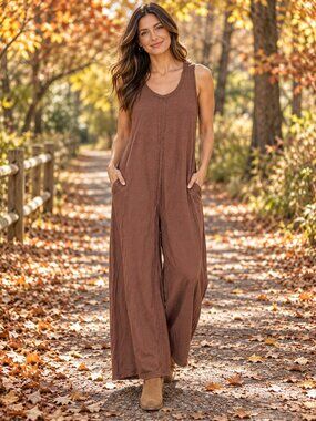 StitchDrop Brown Cotton Sleeveless Relaxed Jumpsuit Medium